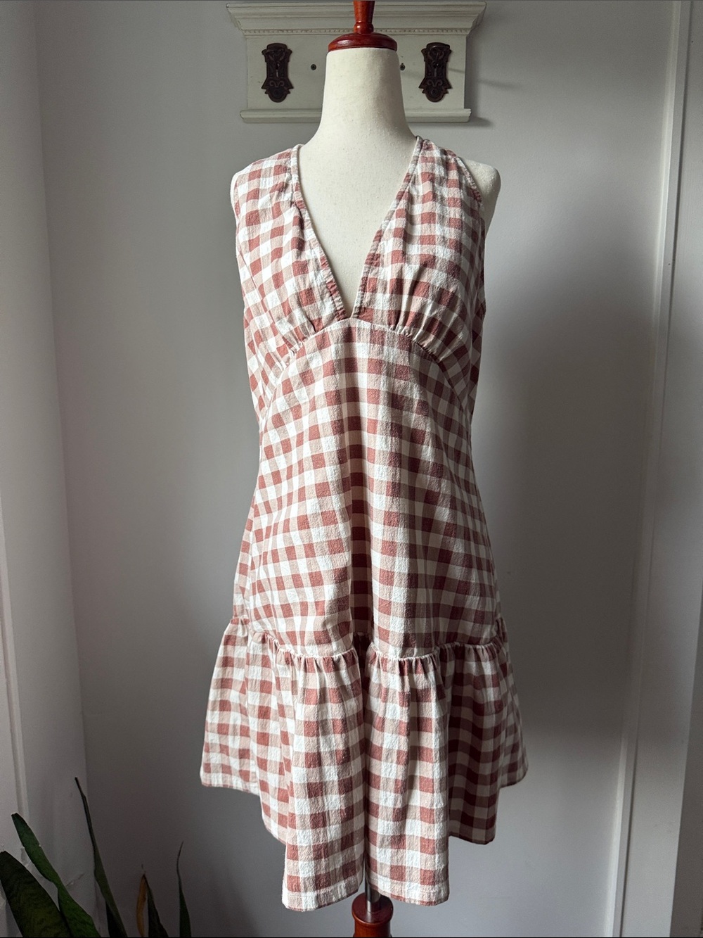 Free People Cecil Mini Dress Gingham Light Brown XL Halter Summer Western Tiered